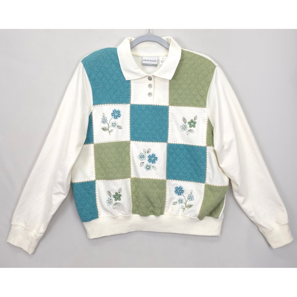 Alfred Dunner Petite Top PXL Quilted Patchwork Floral Embroidered Shoulder Pads
